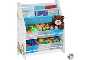 Relaxdays Estantería Infantil, 6 Cajas, 2 Baldas Tela, Mueble Juguetes, Librería Animales, 74 x 62 x 31,5 cm, Multicolor, Tablero de Fibras