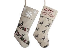 VALERY MADELYN Weihnachtsstrümpfe 46cm Leinen 2er Set Nikolaus Strumpf zum Befüllen und Aufhängen In den Wald Thema für Weihnachtsschmuck Beige MEHRWEG Verpackung