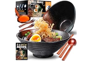 YTLEMON 8 Pulgadas Grandes Juego De 2 Tazones De Cerámica Para Ramen De(9 Piezas) - Para Lavavajillas Tazones De Porcelana Para Ensaladas Fideos Cereales Con Recetas Palillos Tenedores Y Cucharas Para Apto
