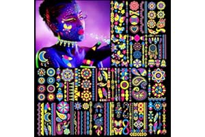 HOWAF 20 neonowych świecących tatuaży - świecące w ciemności, wodoodporne, tatuaże UV dla dzieci, dorosłych, kobiet, dziewcząt, sztuka twarzy i ciała