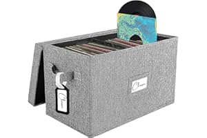 WOODOULOGY Vinyl Record Storage Box for 7"/45 RPM LPs, Grey Case with Lid Holds up to 80 Albums, CD Crate Play Music Collection Holder, Collapsible File Folder Cabinet Organizer with Handle