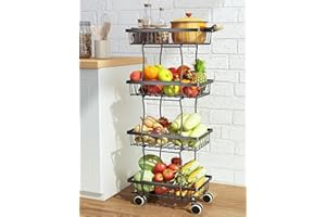 SAYZH Carrello Frutta Cucina, Carrello Porta Frutta e Verdura Impilabile a 4 Livelli, Porta Frutta con Ruote e Piedini Antiscivolo per La Conservazione di Frutta e Verdura(Nero)
