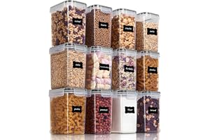 Vtopmart 12pcs 1.5qt/1.6L Plastic Food Storage Containers, Black | Airtight BPA Free Kitche Contianer for Sugar, Flour and Baking Supplies,Dishwasher Safe,Include 24 Labels