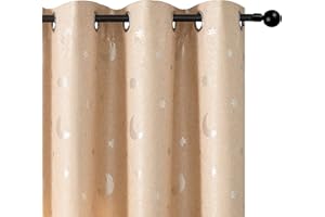 GIRASOLE HOME® Coppia Tende Jacquard Semi Oscuranti Fantasia Luna e Stelle Tenda Morbida Termica Isolante per Camera Cameretta e Interni 2 Pannelli con Occhielli (Beige Stelle, 140x275cm)