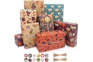 MAMUNU Halloween Wrapping Paper Sheets, 12 Sheets 50 x 70CM Kraft Wrapping Paper with Decorative Stickers and Paper rope for Halloween Party Decoration DIY Crafting Art Projects