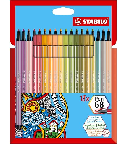 STABILO Pen 68 & Point 88 Creative Set - Tin Of 30 Assorted Colours, Brush, Fine & Medium Tips For Drawing & Lettering