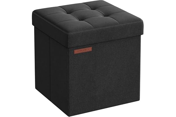 SONGMICS Banc de Rangement Pliable de 38 cm, Coffre de Rangement, Tabouret Repose-Pieds, Pouf de Chambre, Noir d'encre LSF027B01