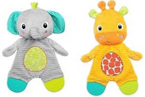 Bright Starts Snuggle & Teethe Giocattolo di peluche per dentiere - Elefante o Giraffa assortiti (1 pezzo, lo stile può variare), età neonato+