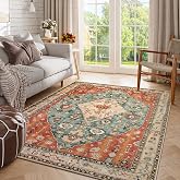 Lahome Boho Tribal Par&ccedil;a Halı - 5x7 B&uuml;y&uuml;k Fars&ccedil;a Yıkanabilir Oturma Odası Halısı Eskitilmiş Oryantal Kaymaz D&ouml;k&uuml;lmez Baskı Ze