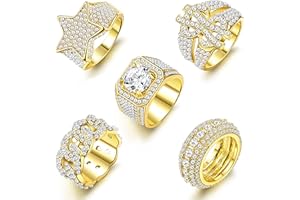 Kakonia Mens Iced Out Ring 14K Gold Plated Bling Pinky Ring Iced Out Premium Diamond CZ Star US Dollar Sign Cuban Link Punky Rappers Ring for Men Engagement Hip Hop Jewellery