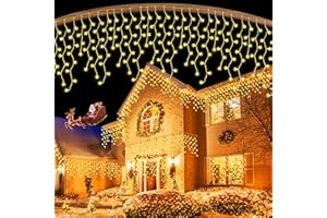 BUICXJKZ Outdoor Christmas Icicle Lights Mains Powered - 10M 400 LED Warm White Waterproof, 8 Light Modes for Xmas Decorations