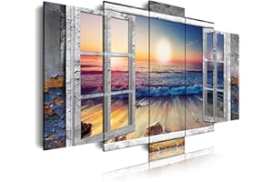 DekoArte 495 - Cuadros Modernos Impresión de Imagen Artística Digitalizada | Lienzo Decorativo Para Salón o Dormitorio | Estilo Paisajes Vistas Puesta de Sol en Playa desde Ventana | 5 Piezas 150x80cm