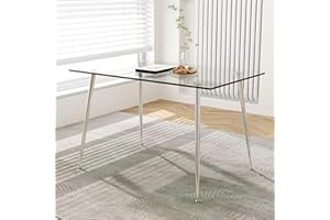 GOLDFAN Tavolo da pranzo in vetro, tavolo da pranzo rettangolare, tavolo da cucina con gambe in metallo per salotto ufficio, argento, 110 x 70 x 75 cm