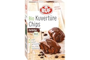 ‎RUF RUF Bio Kuvertüre-Chips Zartbitter, mit mind. 70% Kakaoanteil, zum Glasieren & Dekorieren von Kuchen, Torten & Keksen, glutenfrei & vegan, 1 x 150g