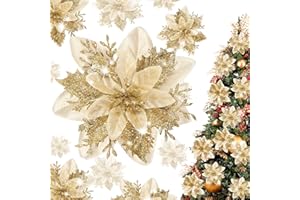 TIYCNIY 15 Pieces Glitter Poinsettia Christmas Decorations,Artificial Flowers Christmas Tree Ornaments,for New Year Wedding Xmas Wreath Home Party Decor (Gold)