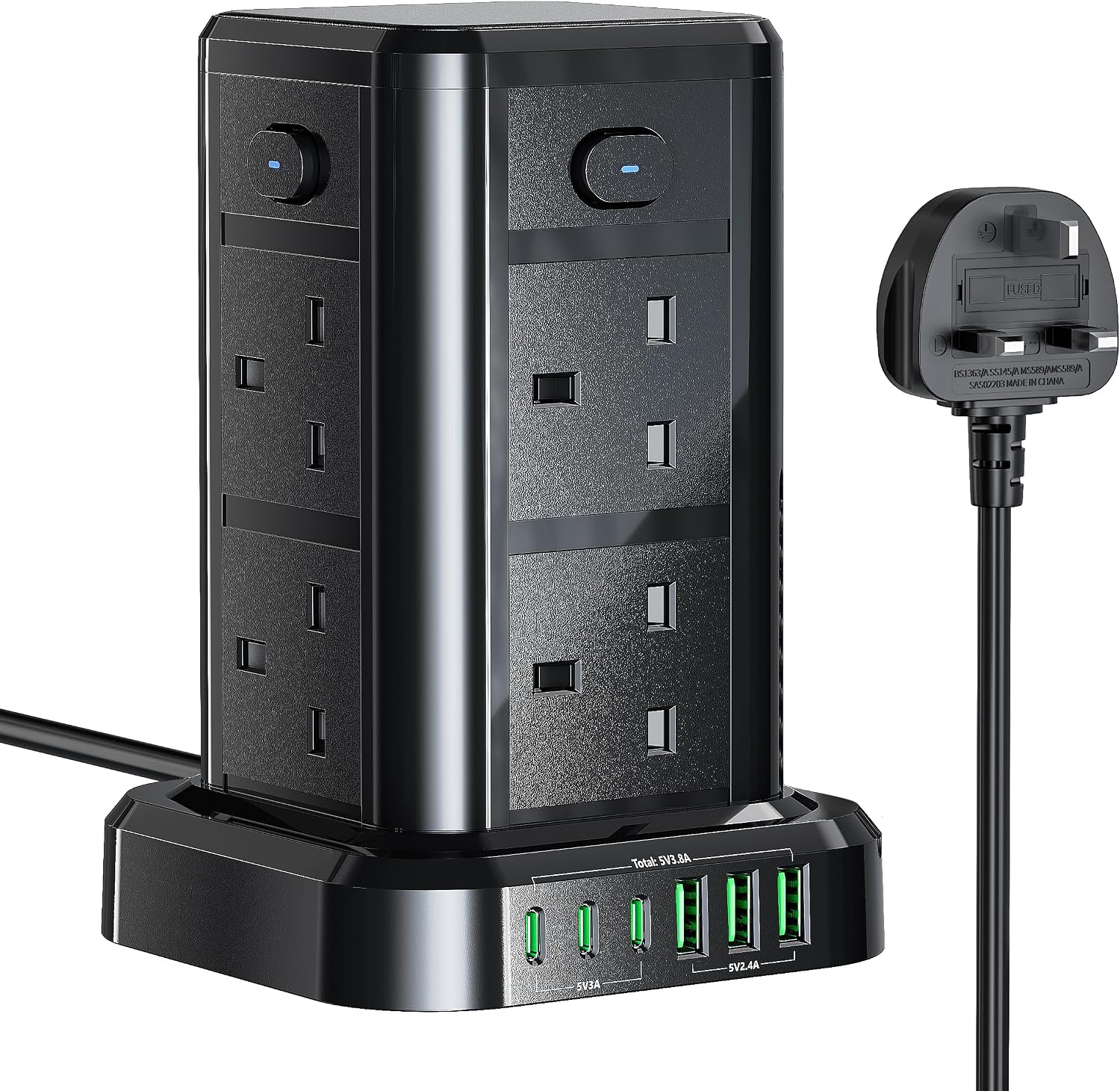 Tower Extension Lead with USB C Slots, 8 Way Multi Plug Extension Tower with 6 USB Ports, 13A 3250W Extension Cable with 4 Independent Control Switch, 1.8M Power Strip Tower for Home, Office, Kitchen
