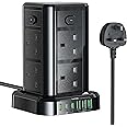 Tower Extension Lead with USB C Slots, 8 Way Multi Plug Extension Tower with 6 USB Ports, 13A 3250W Extension Cable with 4 Independent Control Switch, 1.8M Power Strip Tower for Home, Office, Kitchen