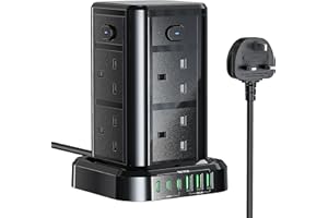 TOOMKE Tower Extension Lead with USB C Slots, 8 Way Multi Plug Extension Tower with 6 USB Ports, 13A 3250W Extension Cable with 4 Independent Control Switch, 1.8M Power Strip Tower for Home, Office, Kitchen
