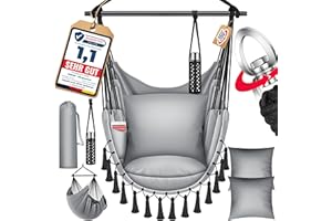 ‎KESSER KESSER® Hängesessel Safari XXL Hängestuhl für Erwachsene & Kinder Hängematte bis 150 kg Hängesitz Aufhängung Indoor-Outdoor-Wohnen Inkl. Tragetasche, 2 Kissen, Getränkehalter & Bücherfach, Grau