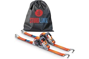 Sangles a Cliquet Automatique 5m 35mm Crochets J Acier LC 1000kg/2000kg en U | Enrouleur de Sangle Automatique | Idéal Fixation Remorque Porte Moto Quad Auto | Lot de 2 + Sac | EN 12195-2 | Sturdlink®