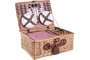 ‎EGENUSS eGenuss Weidengeflecht Picknickkorb für 4 Personen mit Kühlfach & Picknick Zubehör – Geschirr, Besteck, Weingläser – Geschenkidee für Camping, Outdoor & Familie – ROT