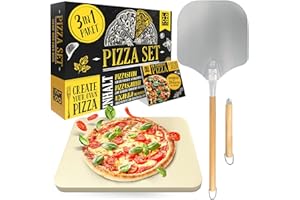 ‎SIDORENKO Loco Bird Pizzastein für Backofen & Gasgrill inkl. Pizzasschieber - 3er Set - Pizzastein rechteckig aus Cordierit für knusprigen Pizzaboden wie vom Italiener, Pizzaschieber und Rezeptbuch