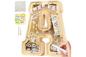 Lakpopya Salvadanaio Bambini Bambina in Legno Apribile Personalizzato di Lettre A-Z Trasparente con Adesivo & Pennarello & Cacciavite, Regali per Bambini