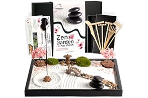ALLOWANDER Zen Garden Kit per scrivania 30,5 x 20,3 cm, set regalo giapponese 14 accessori e 6 strumenti, mini giardino zen da meditazione, giardino di sabbia zen, decorazioni per la casa e l'ufficio, kit