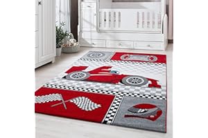 Carpettex Teppich Tapis pour Enfants avec Un Design de Voitures de Course pour la Chambre de bébé, Facile à Entretenir, Couleur: Rouge, Taille: 160 x 230 cm