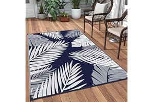 GENIMO Outdoor Rug 3' x 5' Waterproof for Patios Clearance, Reversible Outdoor Plastic Straw Camping Rug Carpet, Large Area Rugs Mats for RV, Camper, Deck, Balcony, Porch, Beach, Navy Blue&White