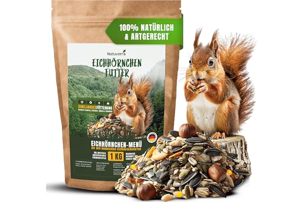 Natuverra Menu écureuil 1 kg Mélange de graines, céréales, noix, fruits et légumes, protéines et énergiques, nourriture toute l'année pour écureuils et tamias, refermable