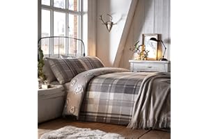 Dreams & Drapes - Grey Checkered Hedgehog Duvet Cover - King Bedding Size (230 x 220cm) - Super Soft 100% Brushed Cotton - Reversible Design - Grey Flannelette Woodland Bedding with Hedgehogs