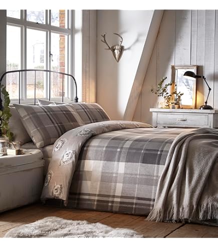 Dreams & Drapes Lodge - Derwent Check - 100% geborsteld katoenen dekbedovertrekset - 3 stuks kingsize bed maat in naturel