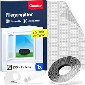 GAUDER Fliegengitter Fenster, Insektenschutz ohne Bohren (130x150cm) | Insektenschutz für Fenster, Fenstergitter aus Pol