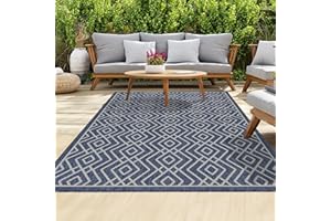 homeart Outdoor Rugs | Easy-Cleaning Indoor & Outdoor Area Rugs for Porch, Deck, Balcony, Garden, Picnic, Kitchen, Hallway | UV & Weather-Resistant Large Patio Rug Mats | D.Blue Cream, 120 x 170 cm