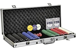 Nexos Trading Pokerkoffer Starter-Poker-Set mit 500 Poker-Chips im Alu Koffer mit 2 Schlüssel Silber inkl. 2 Kartendecks 1 Dealer Button 5 Würfel