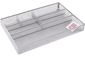 OSCO Wiremesh Desk & Drawer Organiser, 6 Compartments, Ideal for Pens, Makeup, Stationery Caddy & Kitchen Storage, Fits Standard Drawers Compact Design, 33×23×4.4 cm, Silver