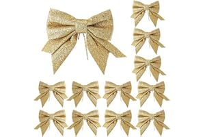 YUNLI 12 Stück Weihnachtsschleifen, Schleifen Weihnachtsbaum Gold, Glitzer Schleifen Weihnachtsbaumschmuck, Weihnachtsbaum Bogen Schleife, Weihnachten Schleifen für Weihnachtskranz Geschenke Deko