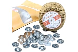 MILIVIXAY Mecha de Vela de cáñamo 100% orgánico con Revestimiento de Cera de Abeja Natural, Carrete de 200 pies, tamaño Grueso (2 mm) + pestañas de sostenedor de Mecha (200 Unidades).