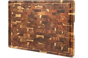 zayiko End Wood Chopping Board Acacia 53 x 38 x 3 cm Made of Solid Acacia End Wood with All-Round Juice Groove and Side Grip Recesses for Kitchen, Serving & Carving, Hobby & Professional Chefs
