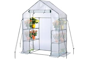 EPROSMIN Walk In Greenhouse with Steel Frame and Reinforced PE Plastic Cover, 3 Tier 4 Wired Shelves, Greenhouse/Plant Nursery for Small Gardens, Patios, Perfect for Tomato Growing, Easy to Assemble