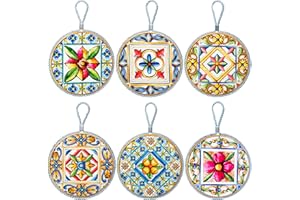 MOORG Piatto Ceramica Decorato da Appendere Set da 6, Decorazioni Cucina da Appendere con Gancetto, Stile Piastrelle Siciliane Maiolica, Piatti da Parete 16x 16 cm con Retro in Sughero