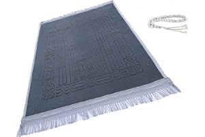 Islamika Prayer Rug Muslim Mat Islamic - Thick Large Grey Padded Sajadah for Kids Men Women with Islam Prayer Beads for Eid Travel Ramadan, Soft Luxury Great for Knees and Forehead