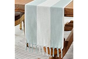 Wracra Runner da Tavolo macramè in Lino e Cotone, Runner da Tavolo 90cm di Lunghezza con Nappe a Mano, Runner da tavola in Stile rustico per Feste e Uso Quotidiano (Blu Acquatico, 90cm)