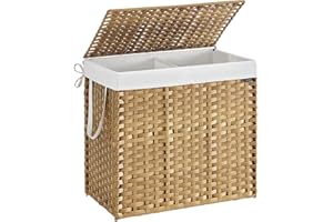 SONGMICS Laundry Basket, 160 L Synthetic Rattan Storage Basket with Lid and Handles, Wicker, Foldable, Removable Liners, for Blankets, Clothes, Living Room, Laundry Room, Natural Colour LCB216Y01