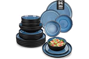 Geschirrset 6 Personen, vancasso PLAYA Steingut Geschirr set 24tlg für 6 Personen, Blau Tafelservice mit Teller set, Suppenteller, Schalen & Salattellern, Spülmaschinenfest, Mikrowellengeeignet