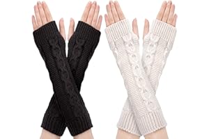 Newellsail Armstulpen Damen Fingerlose Handschuhe Armwärmer Winter Stricken Wärmer Lange Handschuh Daumenloch Fäustling 2 Paar (Weiß und Dunkelgrau)