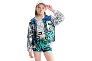 LOLANTA 4-Piece Girls Hip Hop Sequins Costume, Sparkly Graphic Jacket, Shiny Crop Tank Top, Metallic Shorts,4-15 Years