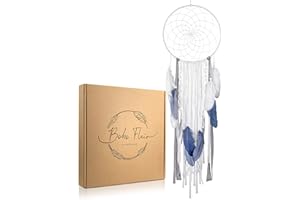 Boho Flair TRAUMFÄNGER, Decorazione da parete in stile boho XXL con piume e perline, boho acchiappasogni grande, diametro 25 cm, lunghezza 80 cm, colore bianco/grigio