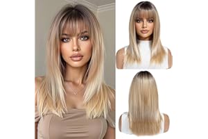 OUFEI Perruque blonde ombrée pour femme - Longueur moyenne - Droite - Avec frange - Cheveux synthétiques résistants à la chaleur - Pour tous les jours, fêtes, cosplay